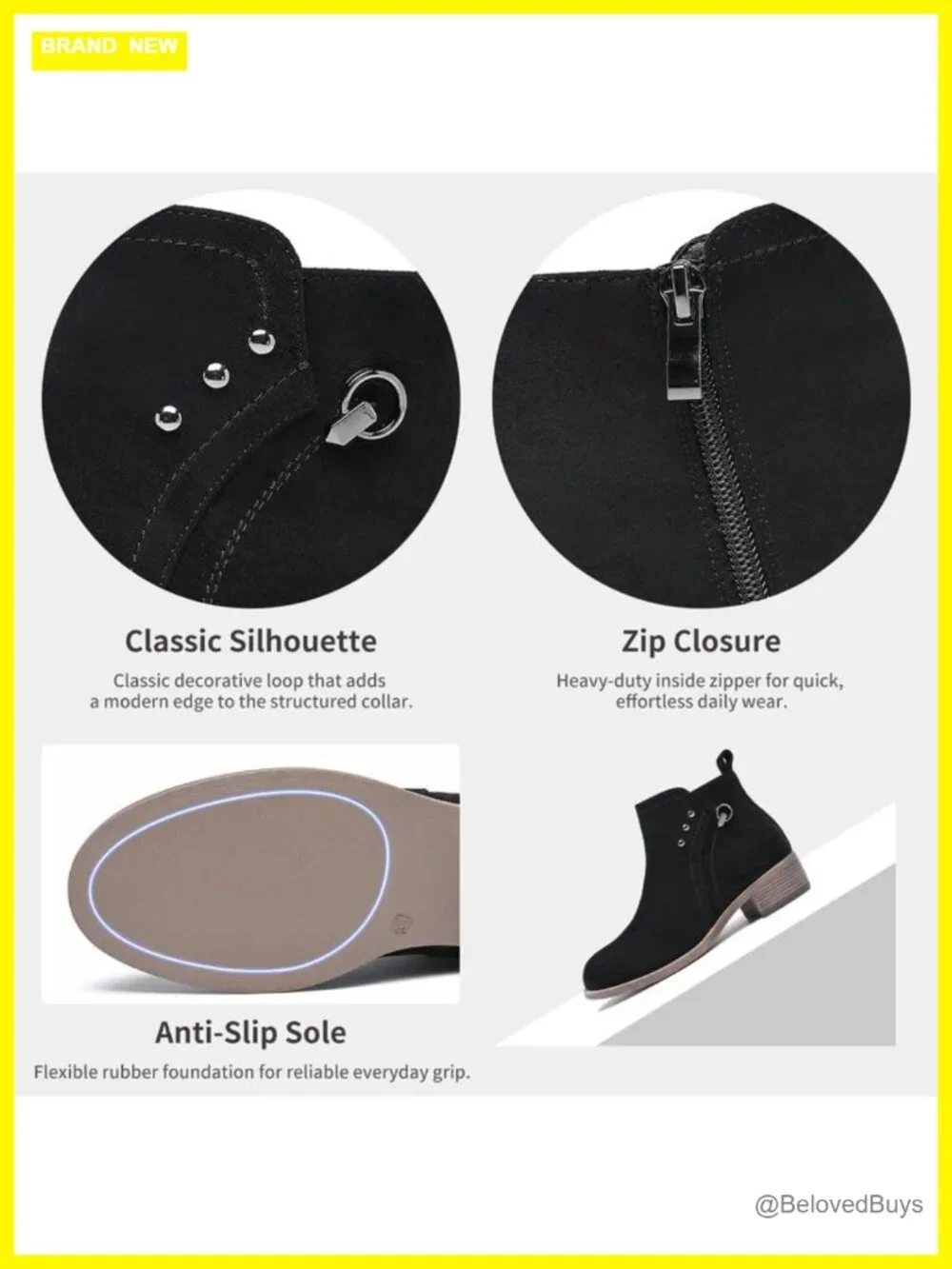 Women's Ankle Boots with Chunky Heel, Side Zipper, Anti-Slip Rubber Sole,